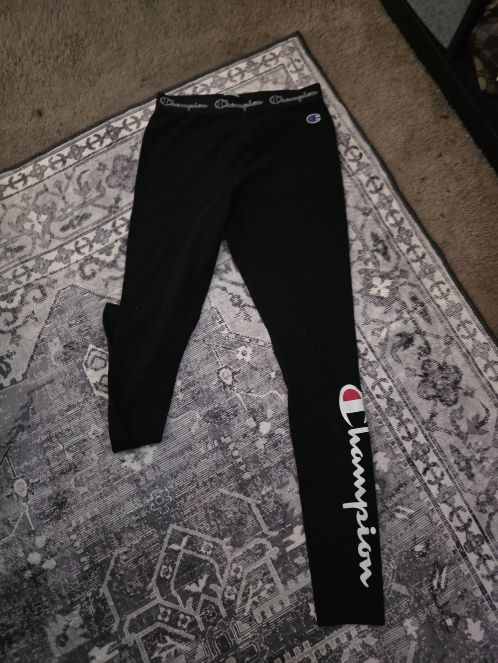 Champion Black Leggings with White & Red Logo